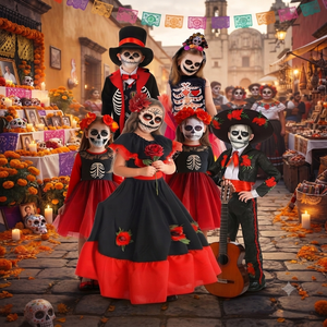 Conjunto <span class=keywords><strong>de</strong></span> Disfraces Infantiles para <span class=keywords><strong>el</strong></span> Día <span class=keywords><strong>de</strong></span> <span class=keywords><strong>Muertos</strong></span> - Señorita/Mariachi, Esqueleto, Pintura Facial, Coronas, Guitarras para Halloween/Desfile/Fotos - Todas las Tallas - Product Image 1