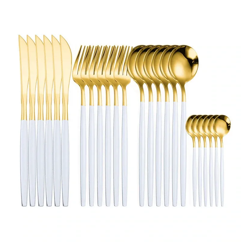 Portugal Set alat makan Stainless Steel, sendok garpu berlapis emas putih 24 buah dengan kotak untuk hadiah