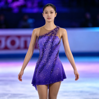 Costume de patinage artistique pour enfants et adultes, robe en maille violette sans manches à une épaule avec strass pour spectacle sur glace