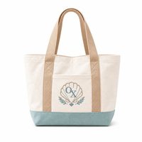 Sac fourre-tout en toile brodé personnalisé motif coquillage, sac à main bateau tricolore avec poche avant pour la plage, les vacances et les voyages