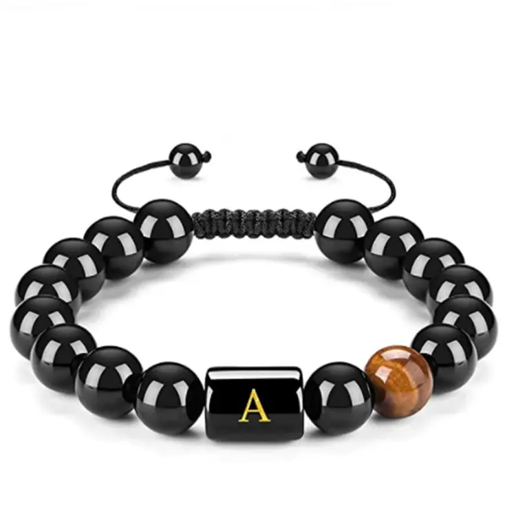 Pulseras con iniciales para hombre, enlace de letra, hecho a mano, cuentas de piedra de ojo de Tigre de ónix negro Natural, cuerda trenzada, pulsera significativa