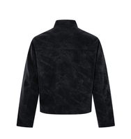 Veste à col montant croisée courte, style vintage usé, streetwear, avec poches à rabat, noire, vente en gros, personnalisable