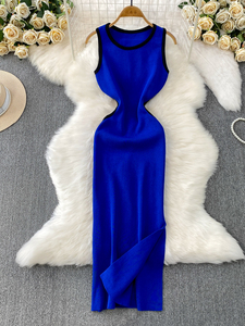 Abito Coreano Stile Molto Semplice a Righe con Collo Alto, Vita Ultra Alta, Slim Fit, Gonna Dritta con Spacco, Design Autunno/Inverno per Donna - Product Image 3