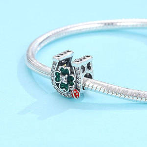 Amuleto de Plata S925 con Herradura de la Suerte, Trébol de Cuatro Hojas y Mariquita con Esmalte Verde y Rojo, Joyería de la Suerte DIY para Mujer, Regalo - Product Image 3