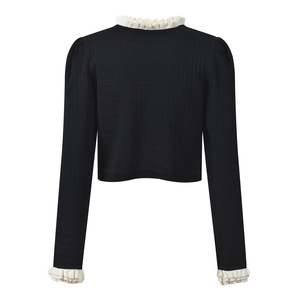 Cárdigan Corto de Punto con Cuello de Encaje de Diseño Moderno para <span class=keywords><strong>Mujer</strong></span>, Manga Larga, Color Sólido, Estilo Básico, Mano de Obra <span class=keywords><strong>Fina</strong></span> con Cuentas - Product Image 2