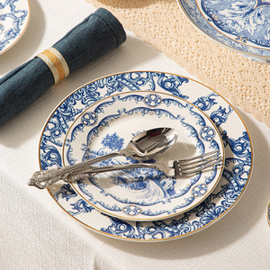 2026 European <b>Light</b> Luxury Retro Under Glazed Blue and White Porcelain Dinnerware Set for Hotel Restaurant - Product Image 1