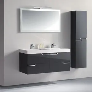 Armario de baño con encimera, mueble de tocador moderno y minimalista, color gris oscuro, con montaje en la pared