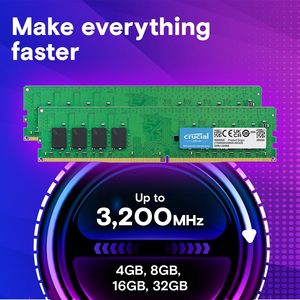 <span class=keywords><strong>Crucial</strong></span> 8 Go <span class=keywords><strong>DDR4</strong></span> 3200 MHz (PC4-25600) CL22 UDIMM pour ordinateur de bureau 288 broches, compatible avec les fréquences 2933/2666 MHz, Intel AMD CT16G4DFRA32A en stock - Product Image 2