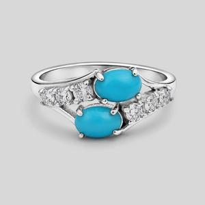 <b>Turquoise</b> 925 Sterling Silver <b>Ring</b> - Twin Oval Cabochons with CZ Accents - Product Image 6