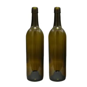 750ml Wholesale Empty Antique Green Glass Bordeaux Shaped Rounded Top Wine Bottles Custom