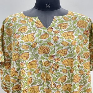 Robe Kaftan pour Femme en Coton Pur à Imprimé Bloc, Col Classique, Modeste, Fait Main, Motif Floral, Coupe Classique, Taille Unique, 1 Pièce - Product Image 2