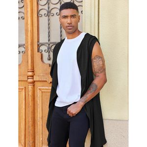 2025 hommes ouvert devant tricot drapé Robe à capuche Cardigan sans manches à volants col châle fermeture à glissière bouton pour l'automne hiver - Product Image 1