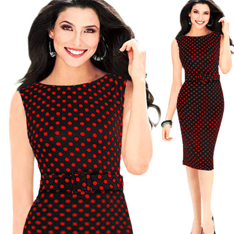 Manufacturer direct sale office lady officially dress slim fit dots printed sleeveless belted midi dress