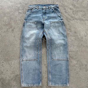 <span class=keywords><strong>Pantaloni</strong></span> Jeans da <span class=keywords><strong>Uomo</strong></span> Personalizzati a Vita Alta <span class=keywords><strong>Blu</strong></span> Effetto Invecchiato Autunnali Taglio Dritto in Cotone Lavato Sbiaditi dal Sole Oversize con Doppio Ginocchio Vintage - Product Image 1