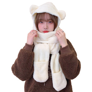 Cute Bear Hat And Scarf Set Winter Warm Fleece Three Piece Adult Stylish Commute Solid Color - Product Image 5