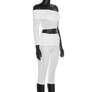 Viviblook C25ST231 New Autumn Sports Slim Fit Slash Shoulder Single Sleeved <b>Top</b> Cropped Pants Set Casual Set for <b>Women</b> - Product Image 3