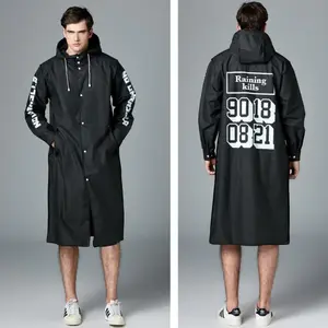 Black EVA Raincoat Waterproof Long Rain Jacket Customized Printed Rain Coat For Adult