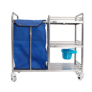 Stainless Steel Hospital Trolley Three <b>Layer</b> With <b>Blue</b> Bag And Bucket For Linen Washing And Waste Management - Product Image 3