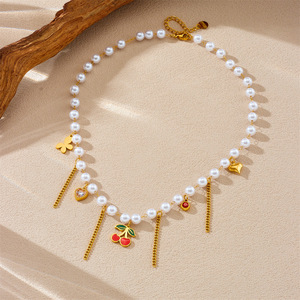 Korean Style Pearl Chain Necklace With Cherry Heart Butterfly Charms For Everyday Wear - Product Image 3