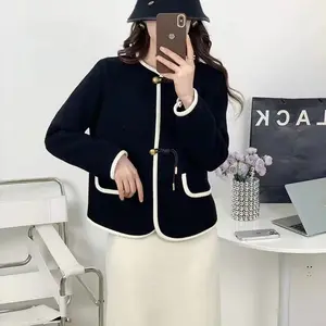 Women's Long Acrylic Knitted Cardigan Coat New Spring Autumn O-Neck Single Breasted Closure Sweet Style Lace Ruffle Decoration