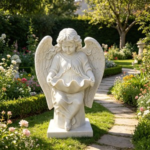 Estatua de querubín sentado en <span class=keywords><strong>un</strong></span> lavabo de mármol blanco, decoración de jardín de iglesia europea, adorno de césped, talla de mármol natural para patio exterior. - Product Image 1