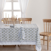 Nappe rectangulaire en coton 100% à imprimé botanique bleu avec bordure rayée pour la décoration de la maison