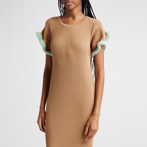 Vestido casual de punto ajustado con cuello redondo y mangas cortas con volantes para mujer - Product Image 4