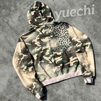 Sweat à capuche zippé court en coton épais 400 g/m² brodé, motif camouflage, délavé à l'acide, effet vieilli, pour homme, style vintage