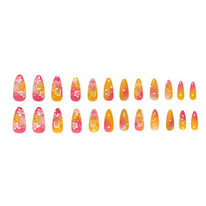 24 faux ongles orange à presser, motif floral peint à la main avec perles, à coller, vente en gros - Product Image 5