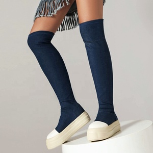 Thick Sole Latest Four Seasons Over the Knee High <b>Boots</b> Flat Over Jeans Long Booties Women Causal Denim Platform Shoes - Product Image 2