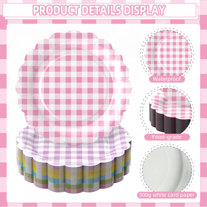 Wholesale Custom <b>Gingham</b> Scalloped Paper Plates Pastel Disposable Tableware for Birthday Party Celebration - Product Image 1