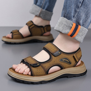 รองเท้าแตะหนังผู้ชายแบบเวลโคร พื้นหนา รองเท้าชายหาดกลางแจ้ง สีน้ำตาล ดำ เหลือง สำหรับผู้ใหญ่ สไตล์ลำลอง สปอร์ต - Product Image 2