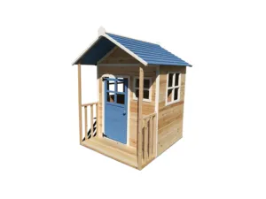 Casa de juegos sencilla con balcón para niños, casa de juegos moderna de madera blanca y azul, para exteriores