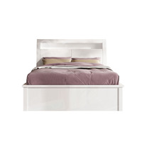 Lit de rangement king size moderne avec finition laquée blanche brillante, mécanisme de levage et panneau de tête de lit éclairé