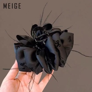 Meige Black Satin <b>Bow</b> Hair Clip With Feathers Women's Party Headdress Grip Style - Product Image 1