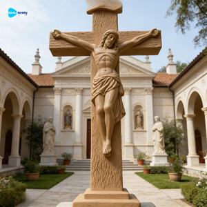 تمثال يسوع المسيح على الصليب من الرخام الطبيعي، مصنوع يدويًا، متين وجديد، مناسب للكنائس، ضمان 5 سنوات، لون حجر طبيعي 100% - Product Image 2