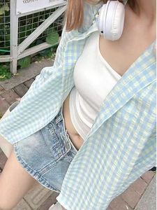 <span class=keywords><strong>Chemise</strong></span> à carreaux gingham brodée pour <span class=keywords><strong>femme</strong></span>, chemisier décontracté ample à manches longues boutonné, haut léger et respirant pour l'été - Product Image 4