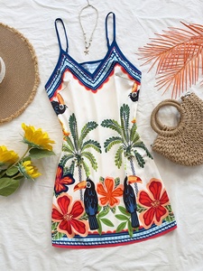 Abito Estivo da Spiaggia da Donna con Scollo a V, Mini Gonna Casual Stile Sling, Look Sexy per Vacanze, Taglia Unica, Stampa al Ginocchio, Senza Maniche - Product Image 1