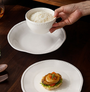 Bulk Custom Beaded Rim White Ceramic Dinnerware Set, Pearl Edge Plates & Rice Bowls for Wedding Banquet & Hotel Restaurant - Product Image 1