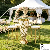 Table haute de cocktail ronde de luxe, motif géométrique blanc et or, plateau en verre, table de bar haute pour mariage, événement, réception, décoration