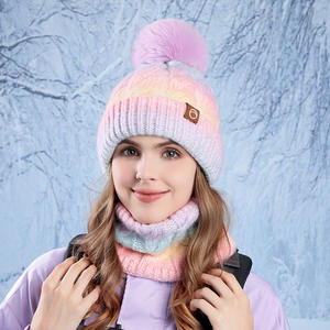 Wholesale Winter Thick <strong>Fleece</strong> <strong>Lined</strong> Knit <strong>Bobble</strong> <strong>Hat</strong> and Neck Warmer Scarf Set for Women - Product Image 6