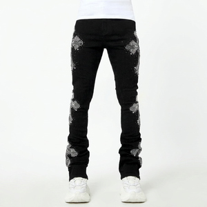 Men's Black Elastic Waist <b>Pants</b> With Crystal Embroidery <b>Sequin</b> Detailing Casual Street Style Midweight Spandex Denim Blend - Product Image 1