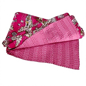Handmade Bohemian Kantha <b>Quilt</b> Printed Satin Fabric Hand Stitched All Season Home Decor <b>Throw</b> Pink Patterned Design - Product Image 1