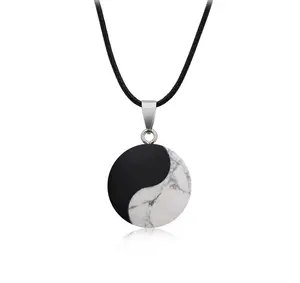 Natural Tai Chi Yin&Yang Black Onyx With White Howlite Stone Pendant Necklace Jewelry