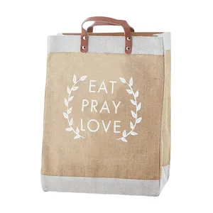 Sac fourre-tout en jute robuste personnalisé avec poignée en cuir, sac de shopping en toile de jute de haute qualité avec motif lettres - Product Image 3