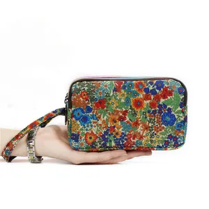 Pochette à fleurs multi-poches en nylon et polyester, porte-monnaie à fermeture éclair pour femmes, portefeuille long portable avec poignée, vente en gros