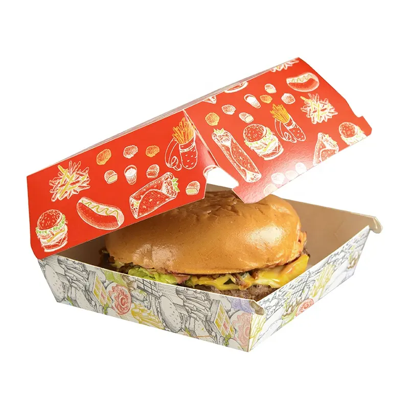 デザインのカスタム食品グレード使い捨てバーガー紙包装ハンバーガーボックス
