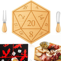 Ensemble de planche à fromage en bois en forme de dés D20 avec couteau, cadeau pour joueur de jeux de rôle, plateau de charcuterie pour soirée de jeux