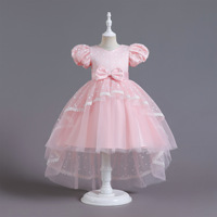 Gaun Pesta Anak Perempuan Model Puff Sleeve Polka Dot dengan Ekor, Gaun Putri untuk Pernikahan, Pengiring Pengantin, Penampilan Piano, atau Kostum