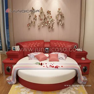 Perabot Kamar Tidur Kulit Hotel Tempat Tidur Ukuran King Bulat Pernikahan Tempat Tidur Pintar dengan Pijat Tempat Tidur Multifungsi